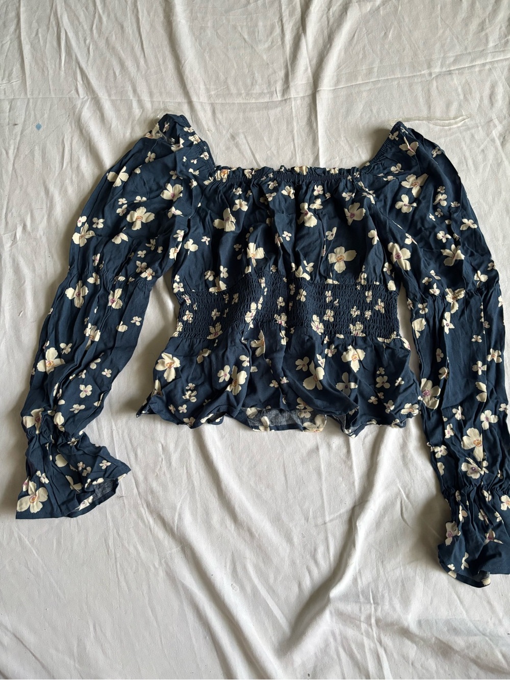 SO Navy Floral Smocked Peplum Long Sleeve Blouse - Picture 4 of 4